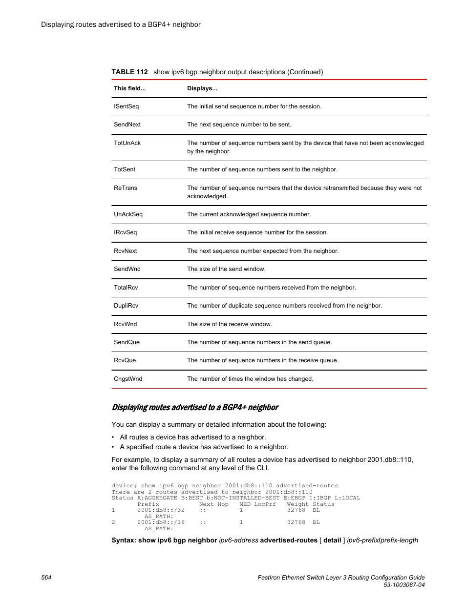 Displaying routes advertised to a bgp4+ neighbor | Brocade FastIron Ethernet Switch Layer 3 Routing Configuration Guide User Manual | Page 564 / 672