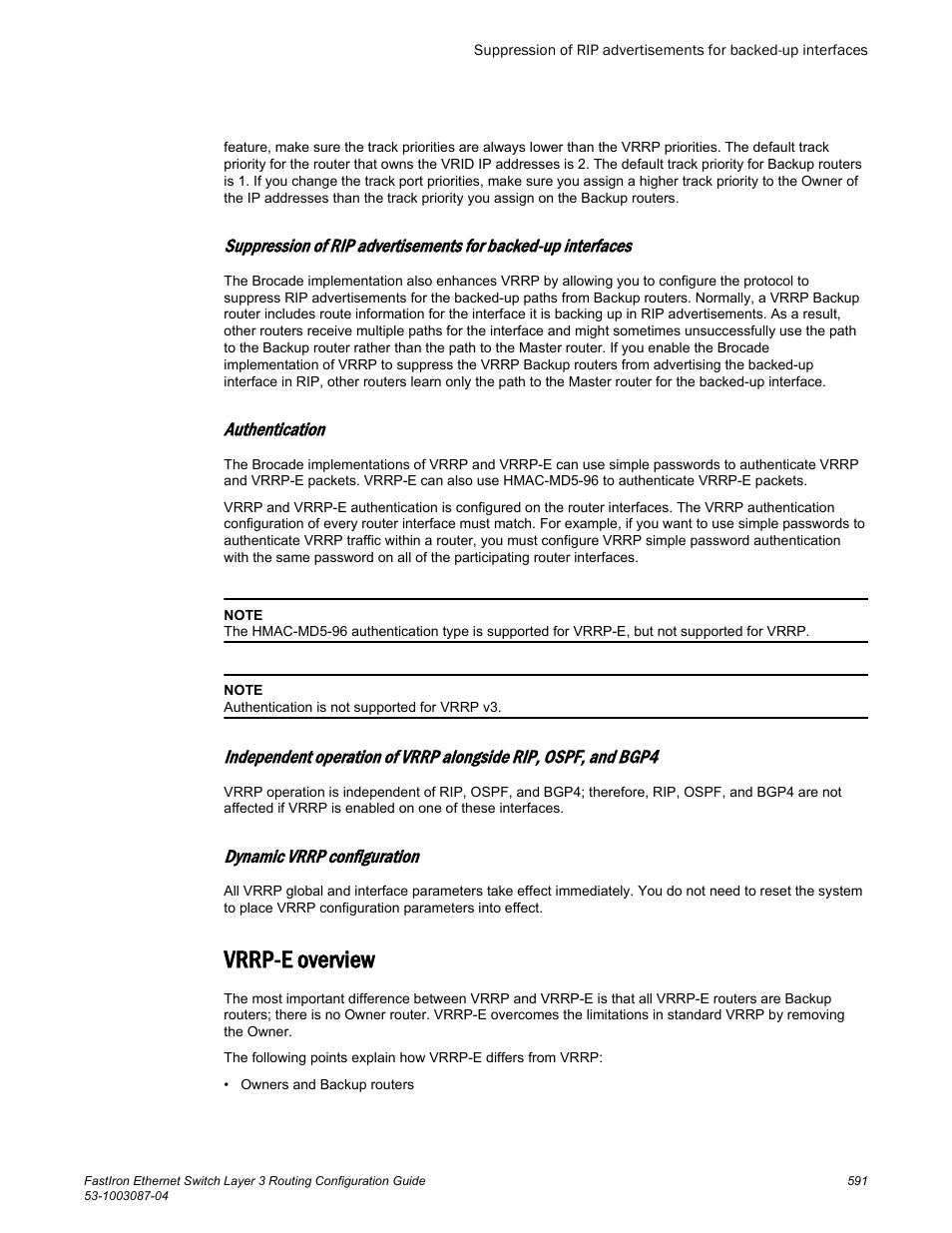Authentication, Dynamic vrrp configuration, Vrrp-e overview | Brocade FastIron Ethernet Switch Layer 3 Routing Configuration Guide User Manual | Page 591 / 672