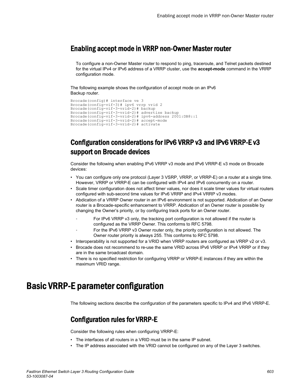 Basic vrrp-e parameter configuration, Configuration rules for vrrp-e, Vrrp-e v3 support on brocade devices | Brocade FastIron Ethernet Switch Layer 3 Routing Configuration Guide User Manual | Page 603 / 672