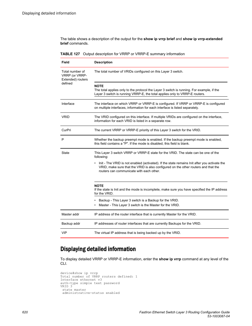 Displaying detailed information | Brocade FastIron Ethernet Switch Layer 3 Routing Configuration Guide User Manual | Page 620 / 672