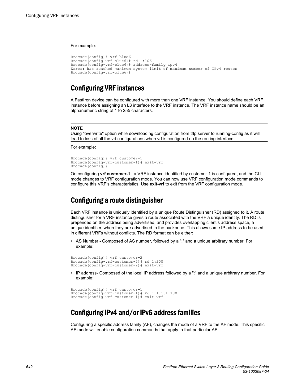 Configuring vrf instances, Configuring a route distinguisher, Configuring ipv4 and/or ipv6 address families | Brocade FastIron Ethernet Switch Layer 3 Routing Configuration Guide User Manual | Page 642 / 672