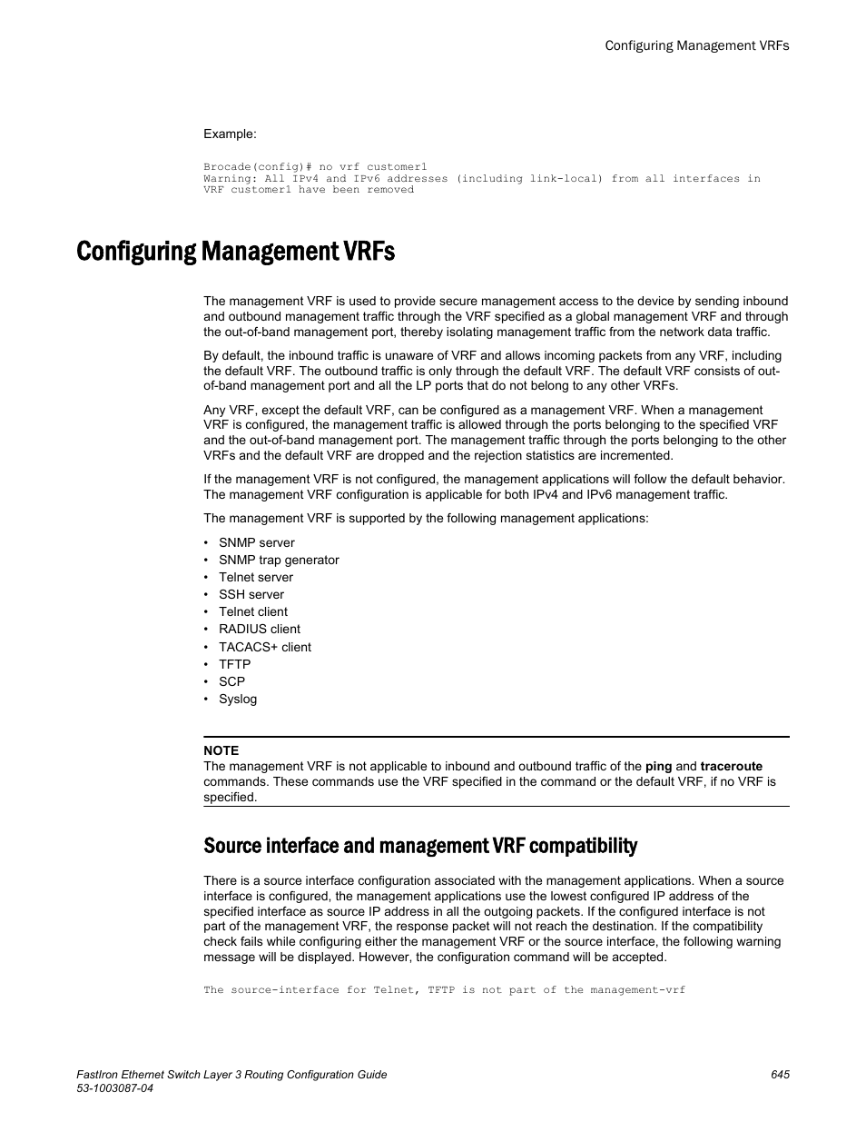 Configuring management vrfs, Source interface and management vrf compatibility | Brocade FastIron Ethernet Switch Layer 3 Routing Configuration Guide User Manual | Page 645 / 672