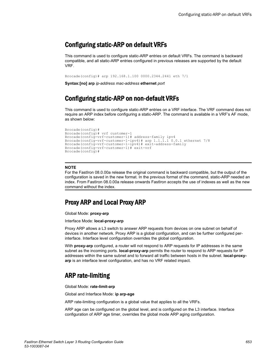 Configuring static-arp on default vrfs, Configuring static-arp on non-default vrfs, Proxy arp and local proxy arp | Arp rate-limiting | Brocade FastIron Ethernet Switch Layer 3 Routing Configuration Guide User Manual | Page 653 / 672
