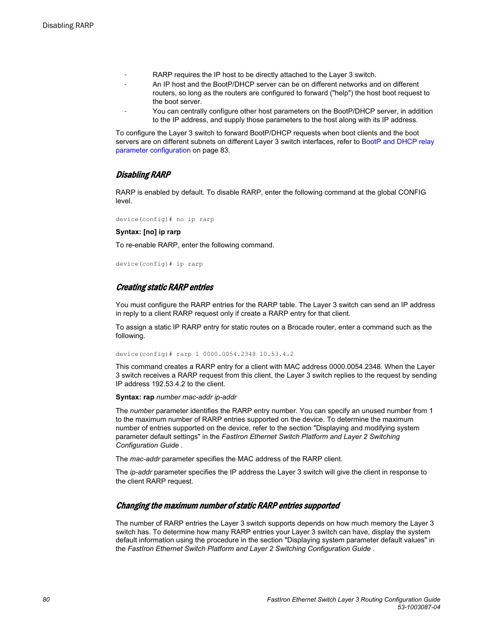 Disabling rarp, Creating static rarp entries | Brocade FastIron Ethernet Switch Layer 3 Routing Configuration Guide User Manual | Page 80 / 672