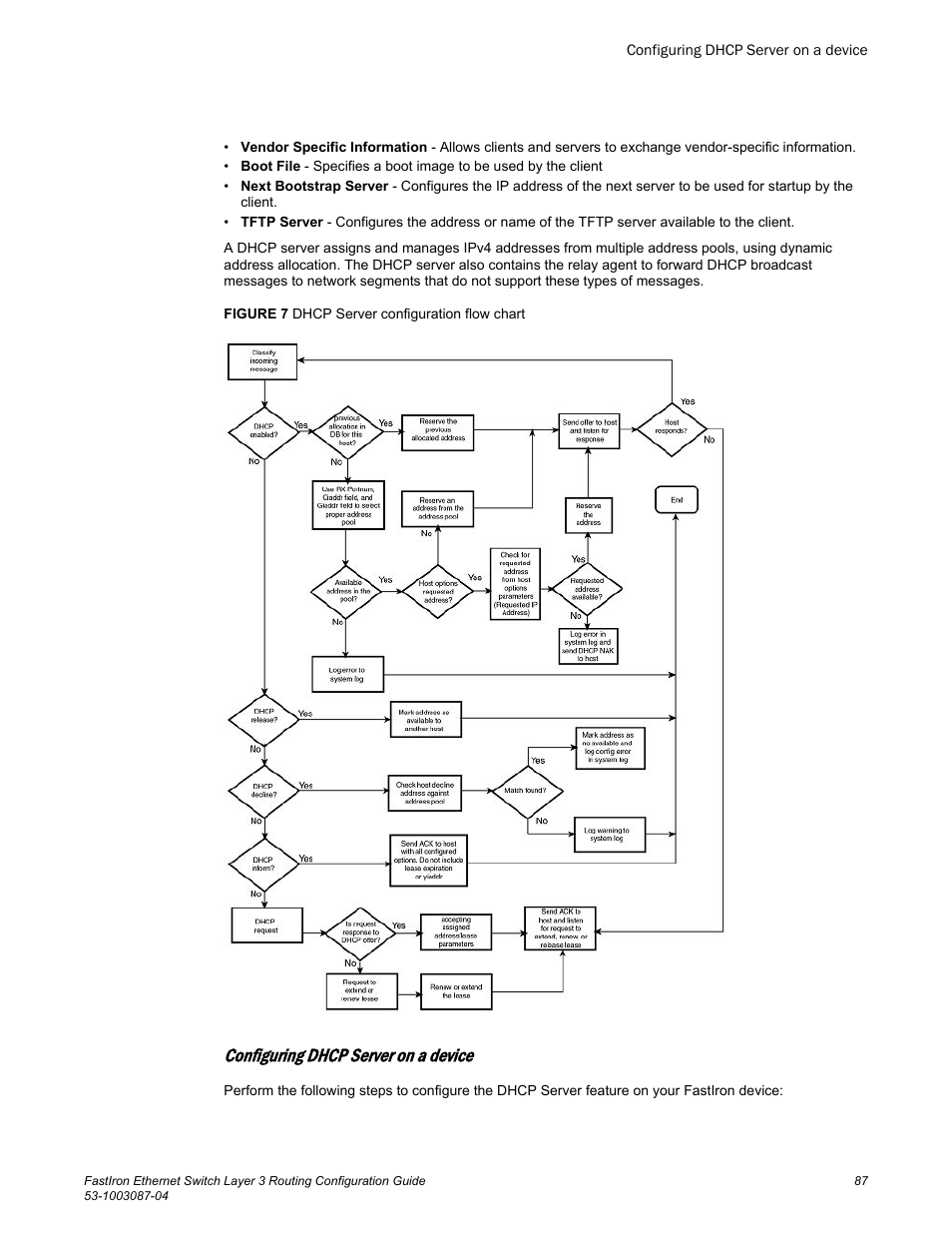 Configuring dhcp server on a device | Brocade FastIron Ethernet Switch Layer 3 Routing Configuration Guide User Manual | Page 87 / 672