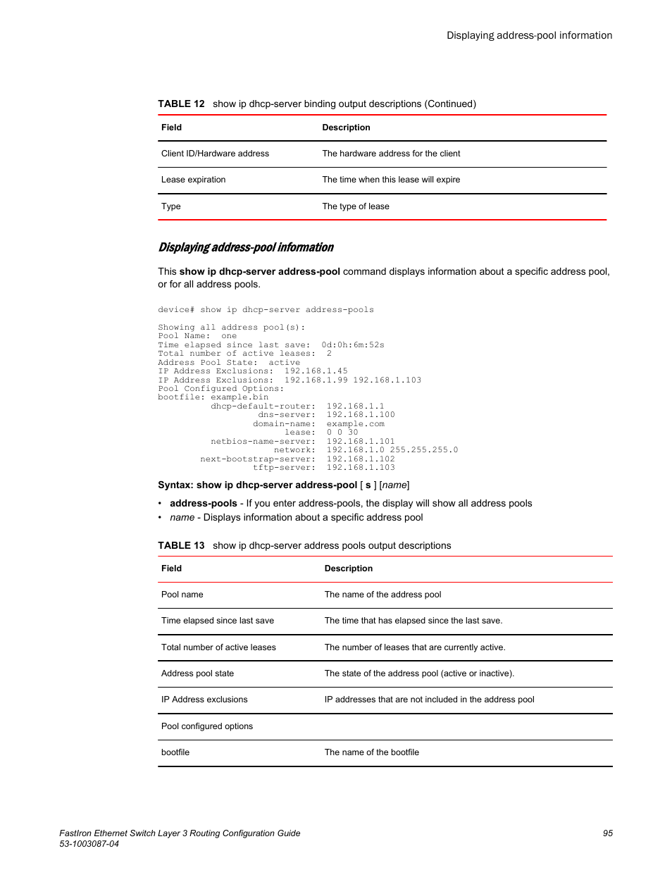Displaying address-pool information | Brocade FastIron Ethernet Switch Layer 3 Routing Configuration Guide User Manual | Page 95 / 672
