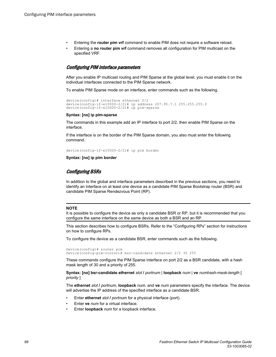 Configuring pim interface parameters, Configuring bsrs | Brocade FastIron Ethernet Switch IP Multicast Configuration Guide User Manual | Page 100 / 230