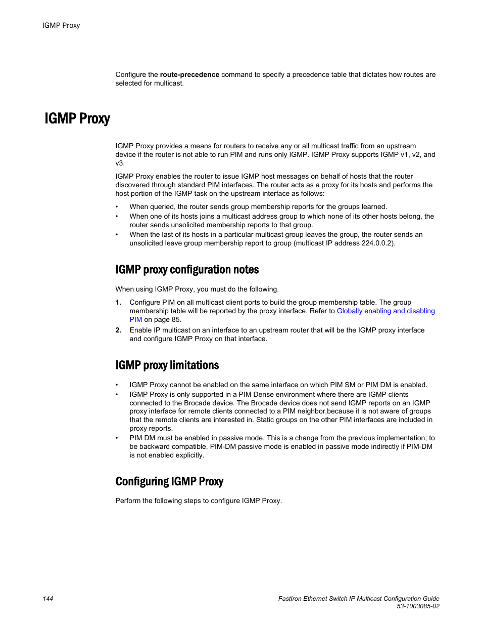 Igmp proxy, Igmp proxy configuration notes, Igmp proxy limitations | Configuring igmp proxy, Igmp proxy limitations configuring igmp proxy | Brocade FastIron Ethernet Switch IP Multicast Configuration Guide User Manual | Page 146 / 230
