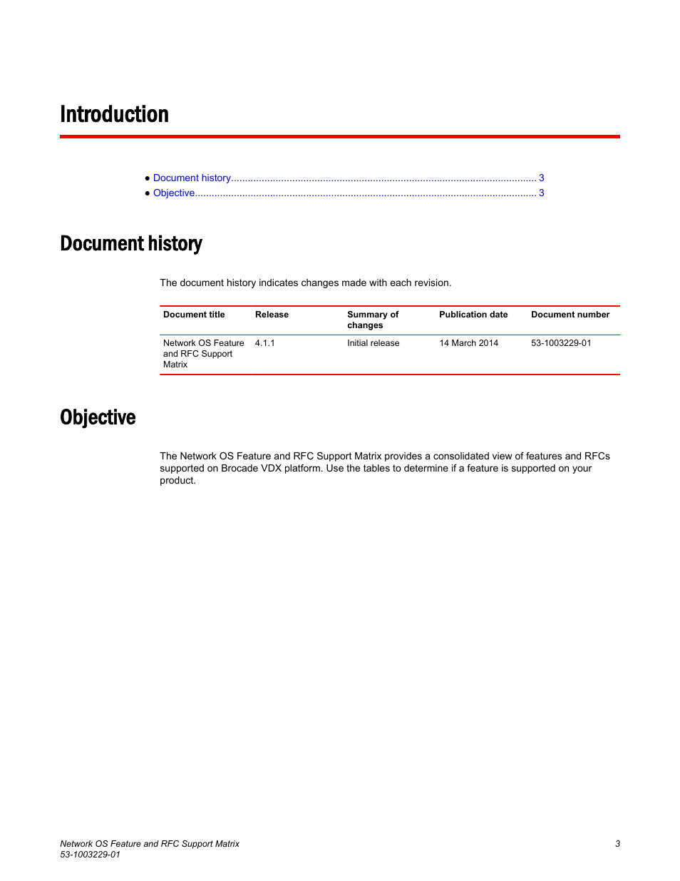 Introduction, Document history, Objective | Document history objective | Brocade Network OS Feature and RFC Support Matrix User Manual | Page 5 / 16