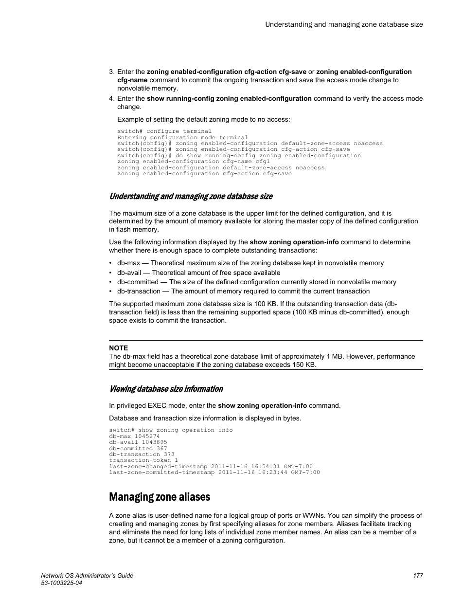 Understanding and managing zone database size, Viewing database size information, Managing zone aliases | Brocade Network OS Administrator’s Guide v4.1.1 User Manual | Page 177 / 748