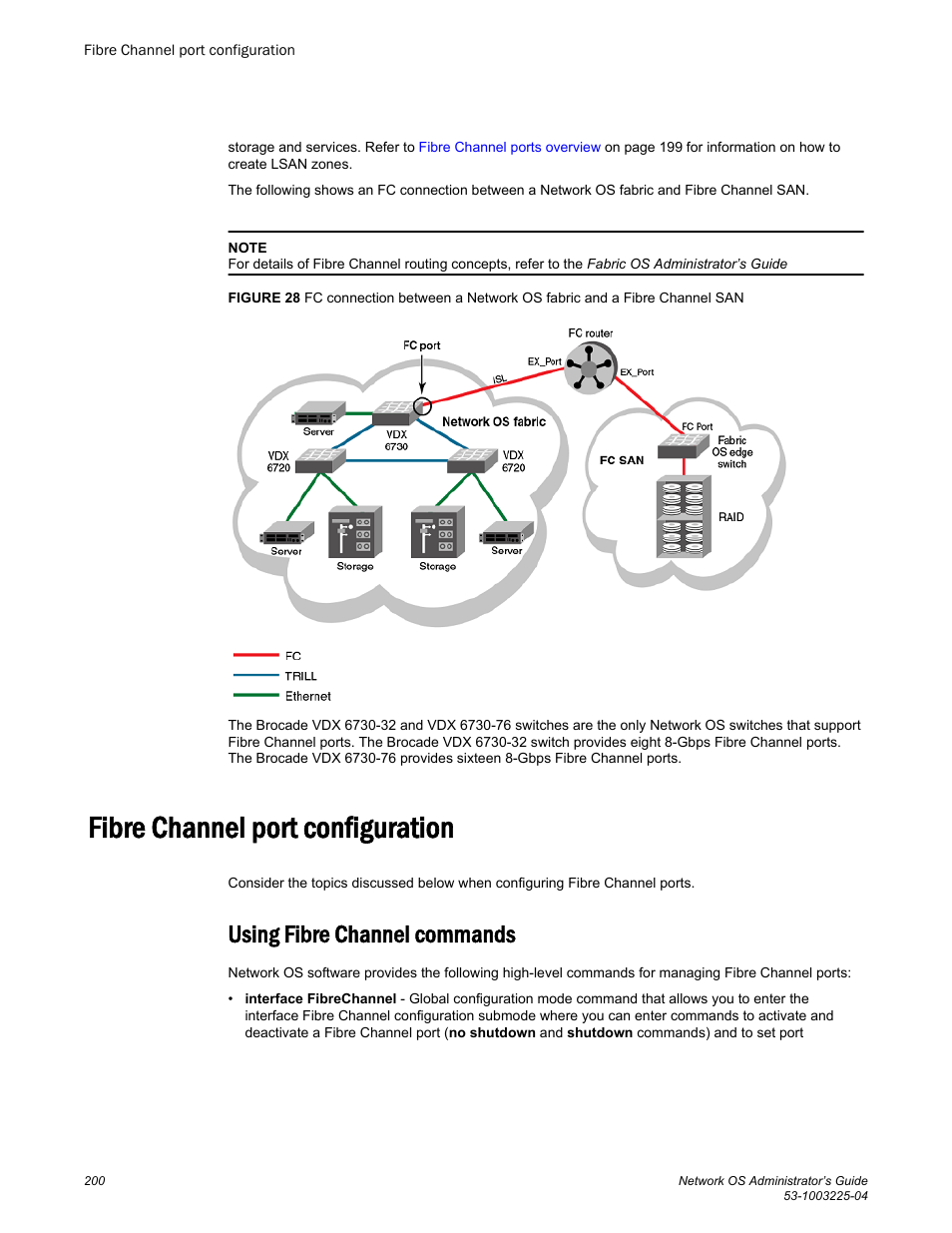 Fibre channel port configuration, Using fibre channel commands | Brocade Network OS Administrator’s Guide v4.1.1 User Manual | Page 200 / 748
