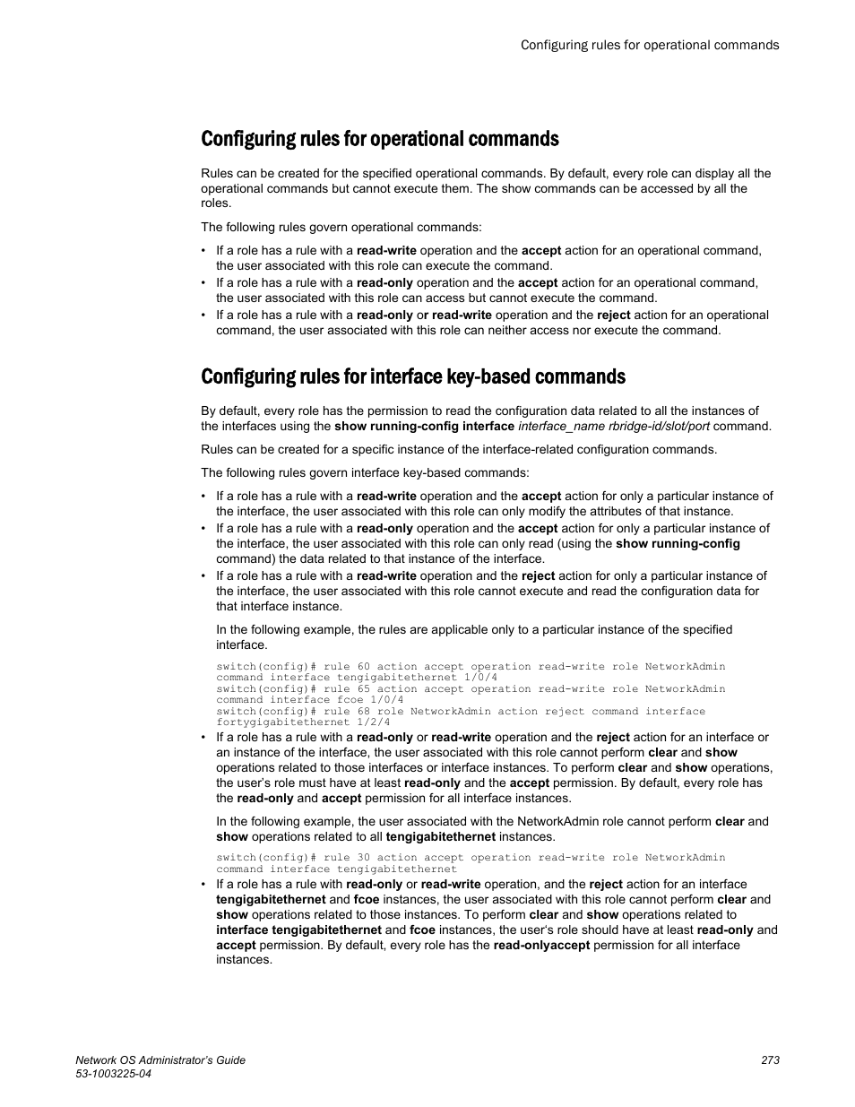 Configuring rules for operational commands, Configuring rules for interface key-based commands | Brocade Network OS Administrator’s Guide v4.1.1 User Manual | Page 273 / 748