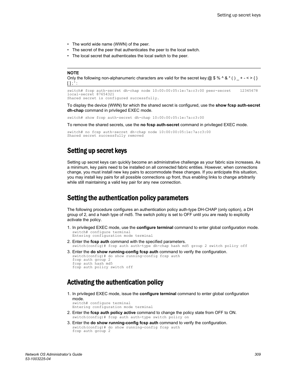 Setting up secret keys, Setting the authentication policy parameters, Activating the authentication policy | Brocade Network OS Administrator’s Guide v4.1.1 User Manual | Page 309 / 748