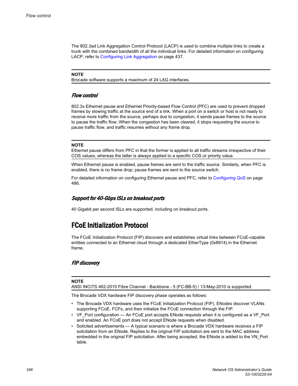 Flow control, Support for 40-gbps isls on breakout ports, Fcoe initialization protocol | Fip discovery | Brocade Network OS Administrator’s Guide v4.1.1 User Manual | Page 346 / 748