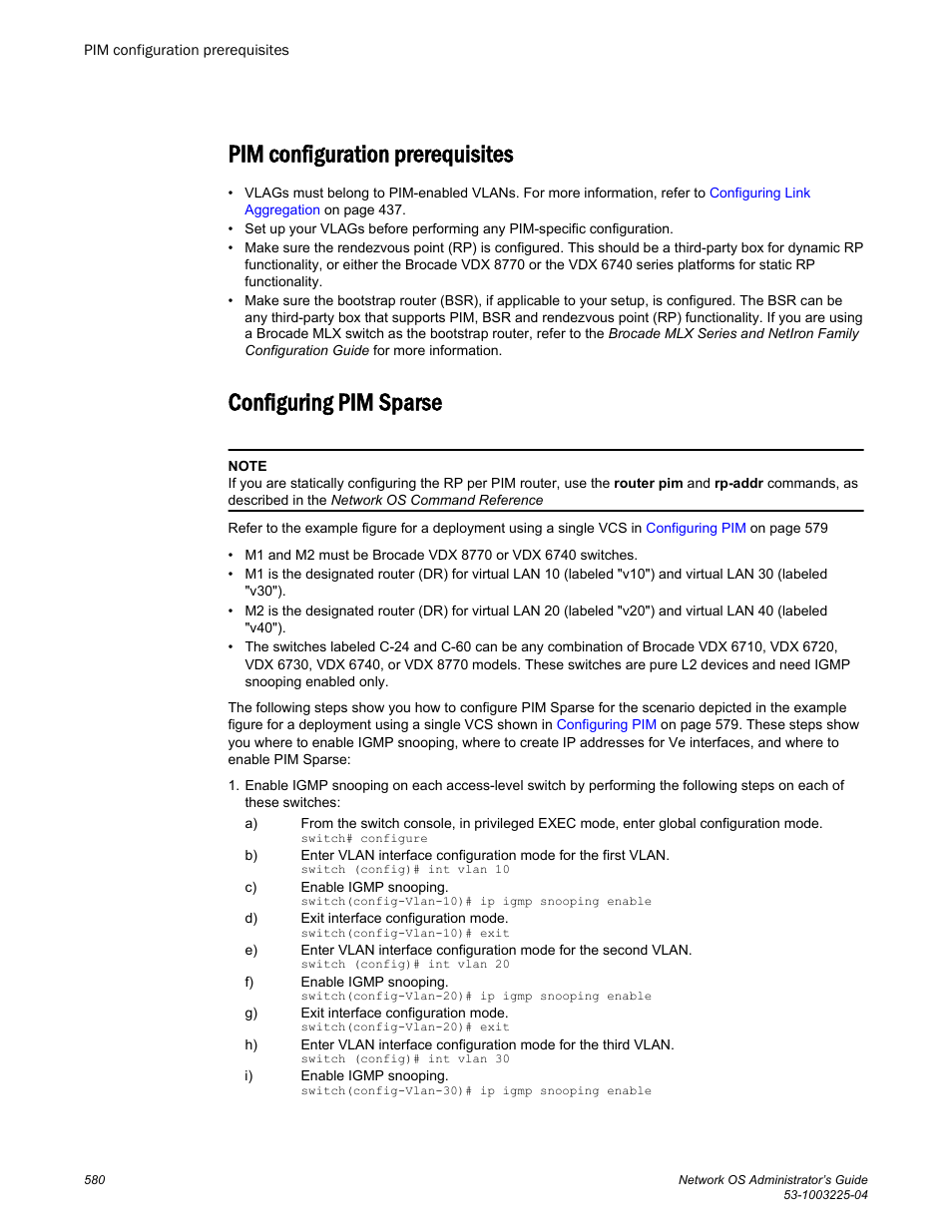 Pim configuration prerequisites, Configuring pim sparse | Brocade Network OS Administrator’s Guide v4.1.1 User Manual | Page 580 / 748