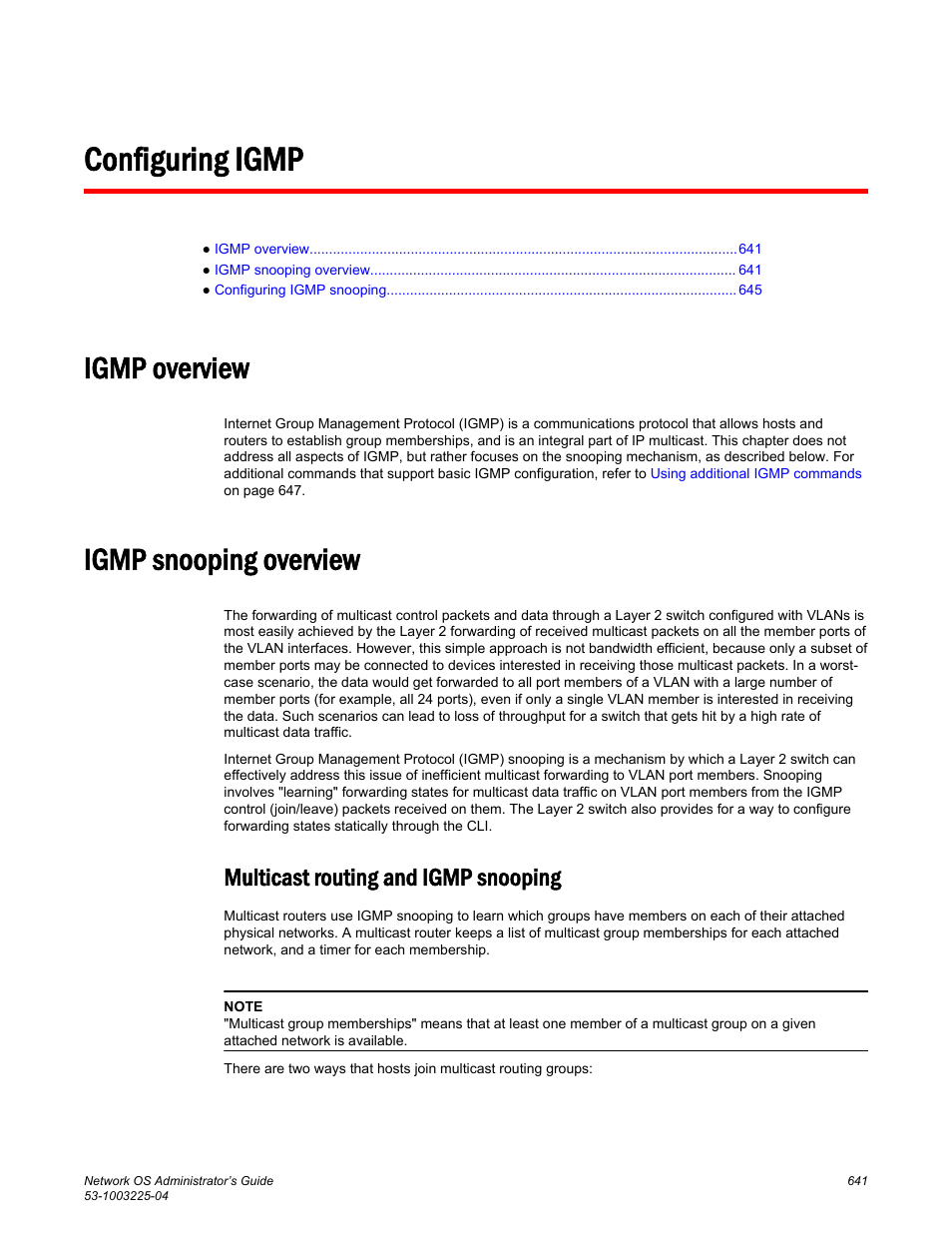 Configuring igmp, Igmp overview, Igmp snooping overview | Multicast routing and igmp snooping, Igmp overview igmp snooping overview | Brocade Network OS Administrator’s Guide v4.1.1 User Manual | Page 641 / 748
