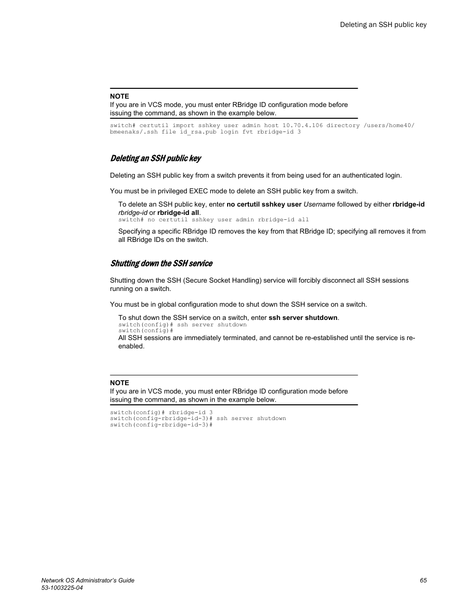 Deleting an ssh public key, Shutting down the ssh service | Brocade Network OS Administrator’s Guide v4.1.1 User Manual | Page 65 / 748