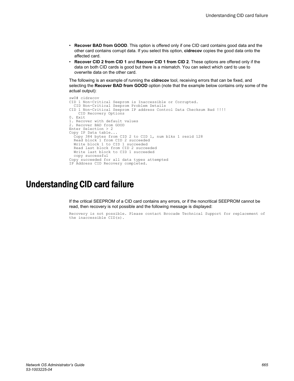 Understanding cid card failure | Brocade Network OS Administrator’s Guide v4.1.1 User Manual | Page 665 / 748