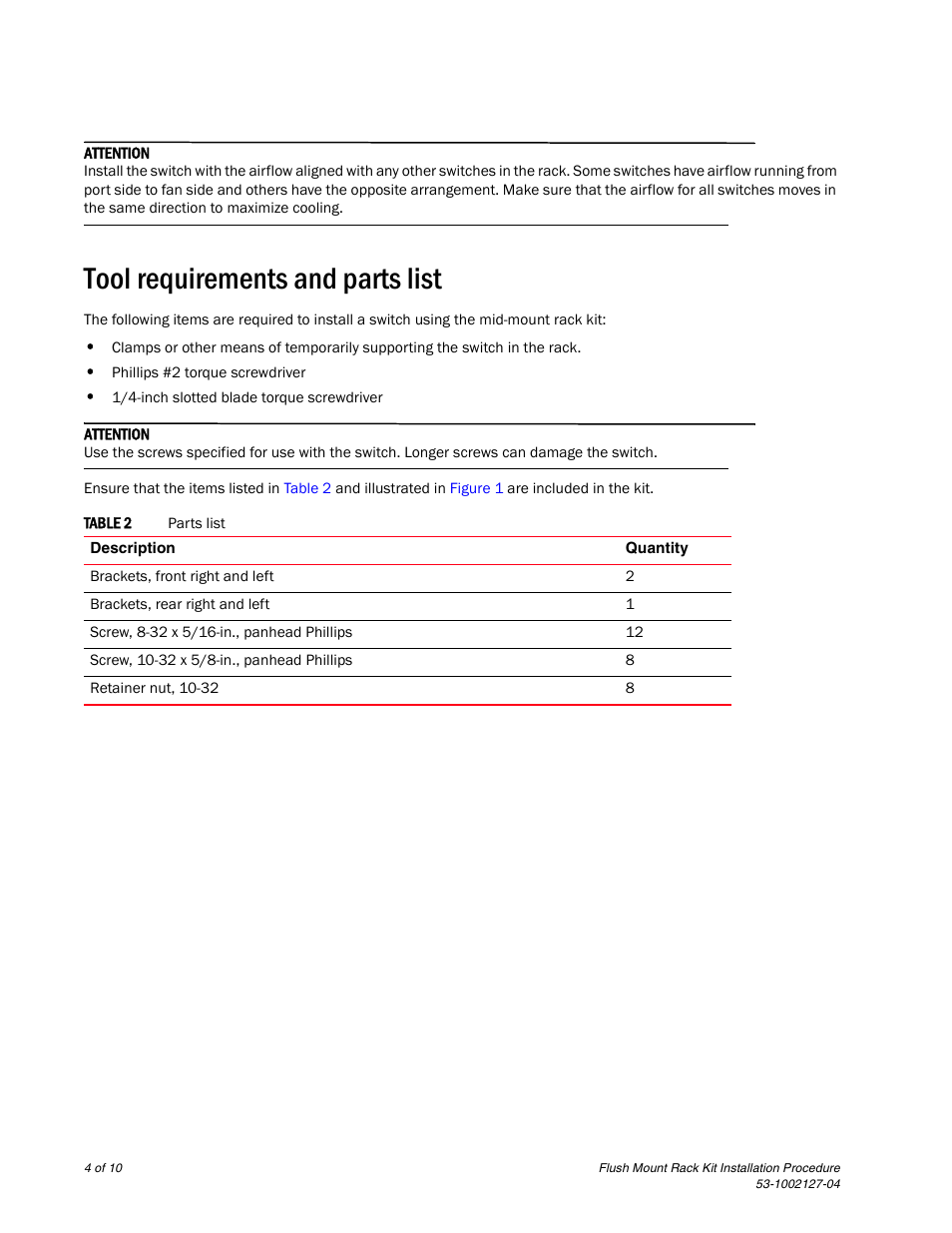 Tool requirements and parts list | Brocade Flush Mount Rack Kit Installation Procedure (Supporting VDX 6710-54, VDX 6720-24, VDX 6720-60, VDX 6730-32, VDX 6730-76, and VDX 6740) User Manual | Page 4 / 10