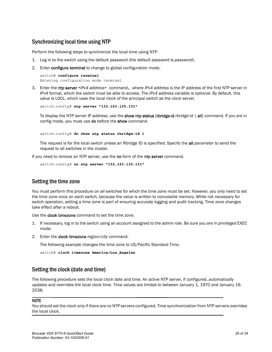 Synchronizing local time using ntp, Setting the time zone, Setting the clock (date and time) | Brocade VDX 8770-8 QuickStart Guide User Manual | Page 29 / 34