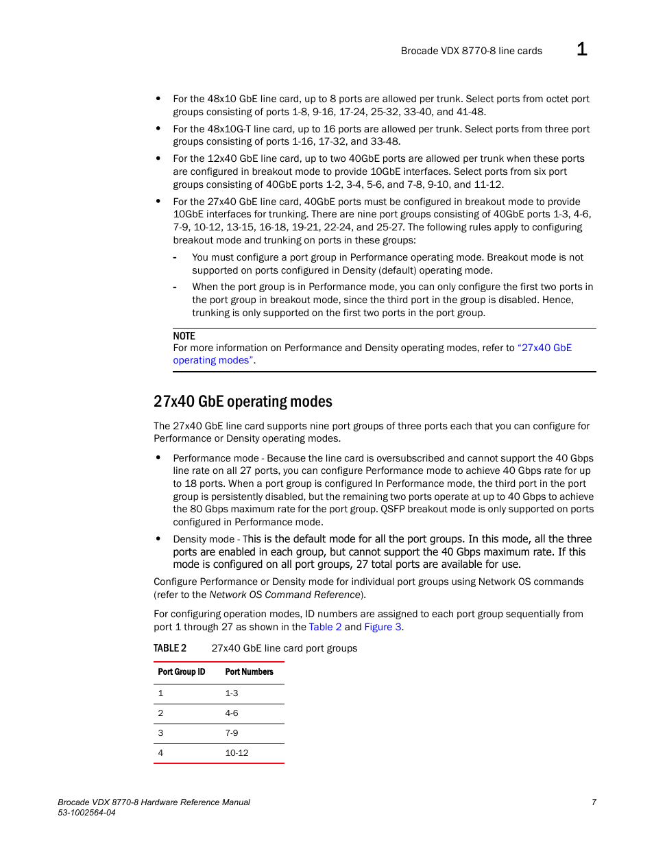 27x40 gbe operating modes, Table 2 | Brocade VDX 8770-8 Hardware Reference Manual User Manual | Page 27 / 136