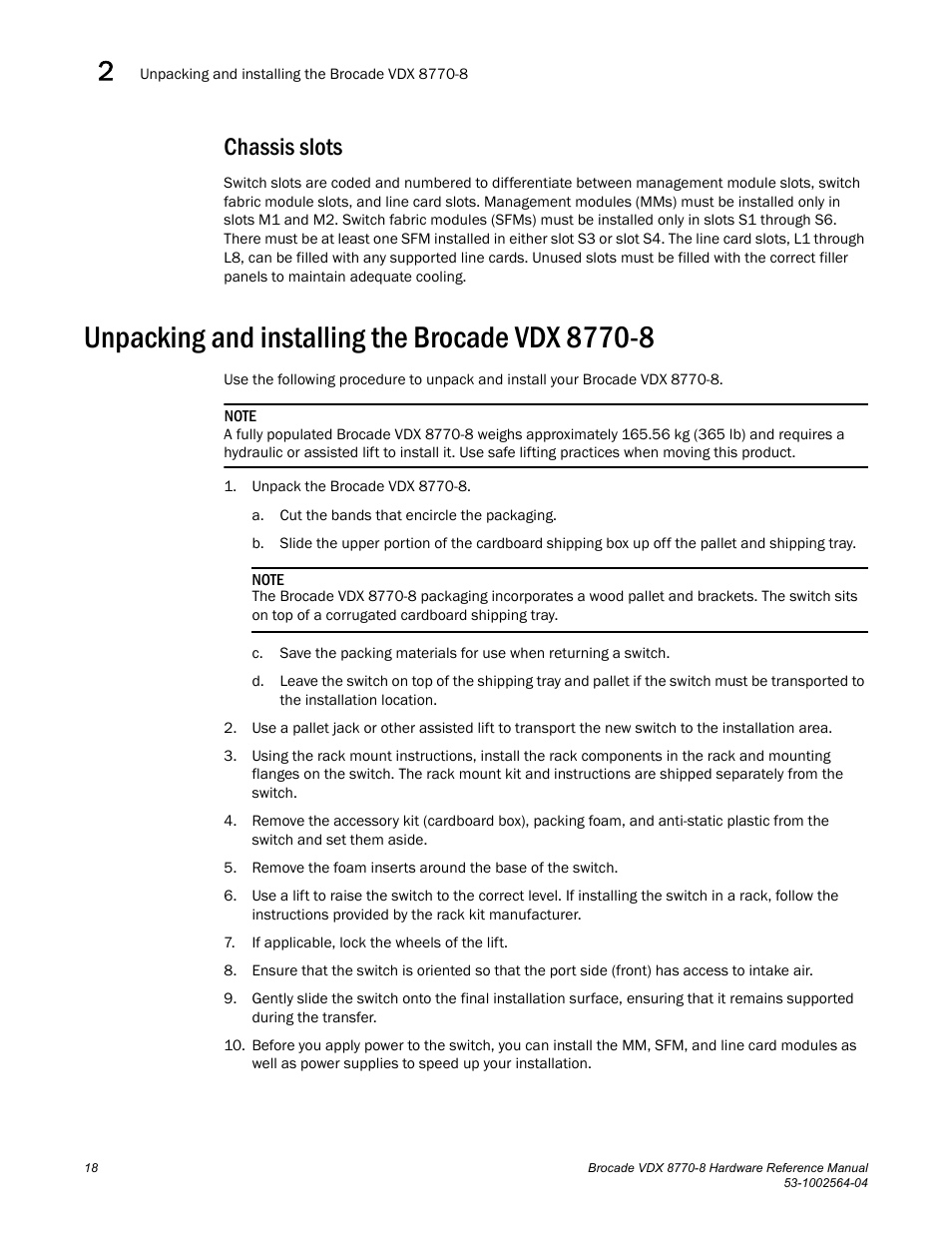 Chassis slots, Unpacking and installing the brocade vdx 8770-8 | Brocade VDX 8770-8 Hardware Reference Manual User Manual | Page 38 / 136