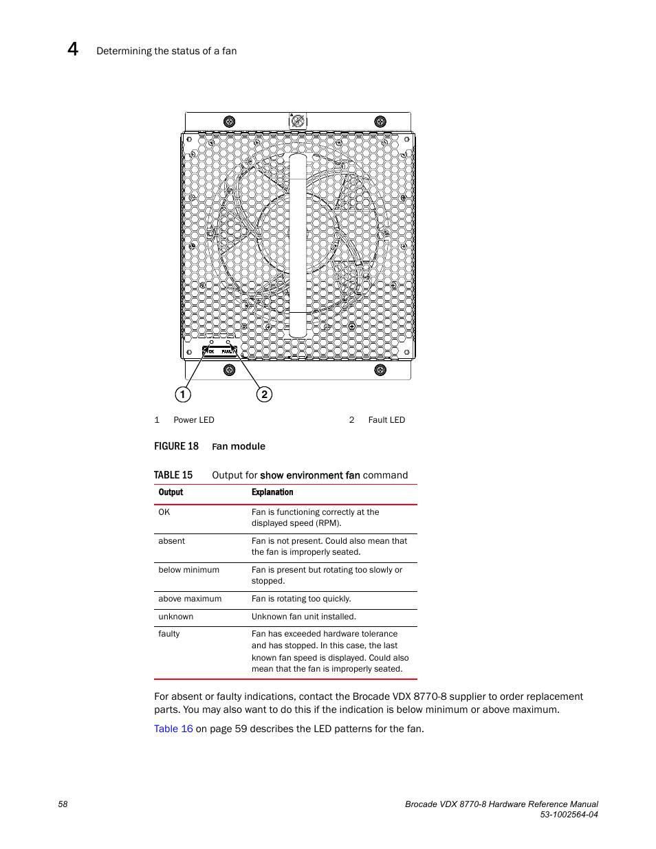 Figure 18, Fan module, Table 15 | Brocade VDX 8770-8 Hardware Reference Manual User Manual | Page 78 / 136