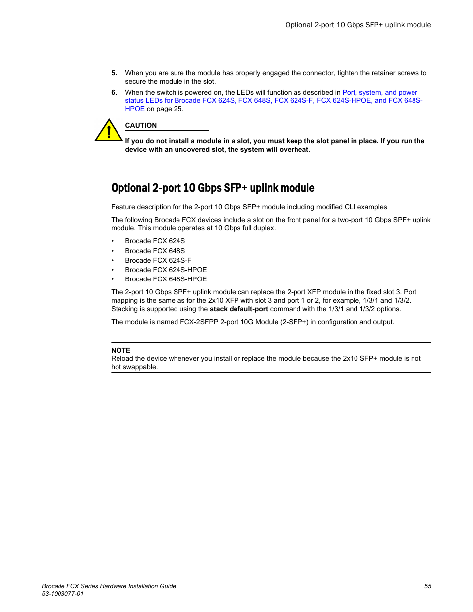 Optional 2-port 10 gbps sfp+ uplink module | Brocade FCX Series Hardware Installation Guide User Manual | Page 57 / 112
