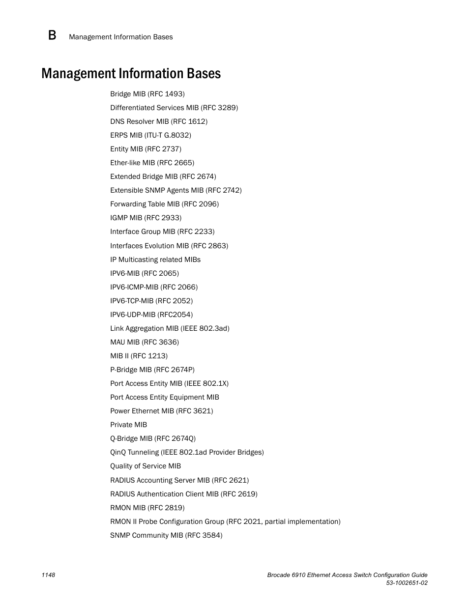 Management information bases | Brocade 6910 Ethernet Access Switch Configuration Guide (Supporting R2.2.0.0) User Manual | Page 1204 / 1240