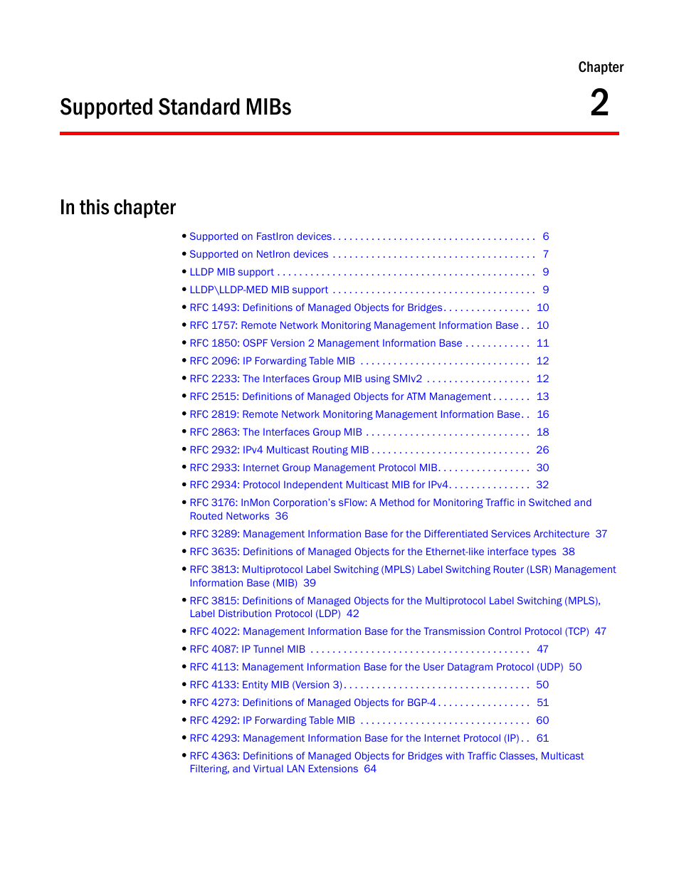 Supported standard mibs, Chapter 2, Chapter | Brocade Unified IP MIB Reference (Supporting FastIron Releases 07.5.00 and 08.0.10) User Manual | Page 31 / 771