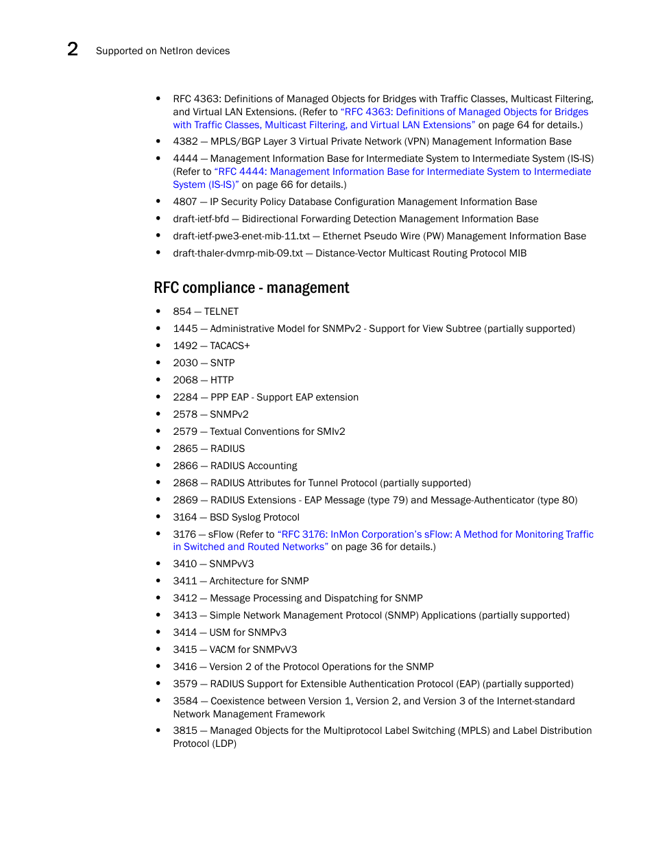 Rfc compliance - management | Brocade Unified IP MIB Reference (Supporting FastIron Releases 07.5.00 and 08.0.10) User Manual | Page 34 / 771