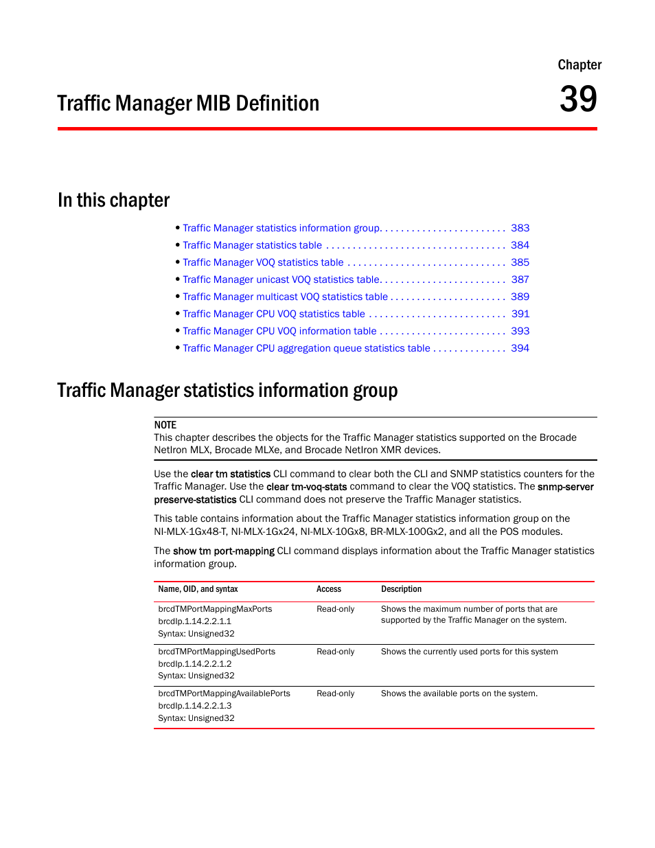Traffic manager mib definition, Traffic manager statistics information group, Brcdtmportmappingmaxports | Brcdtmportmappingusedports, Brcdtmportmappingavailableports, Chapter 39, Chapter | Brocade Unified IP MIB Reference (Supporting FastIron Releases 07.5.00 and 08.0.10) User Manual | Page 409 / 771