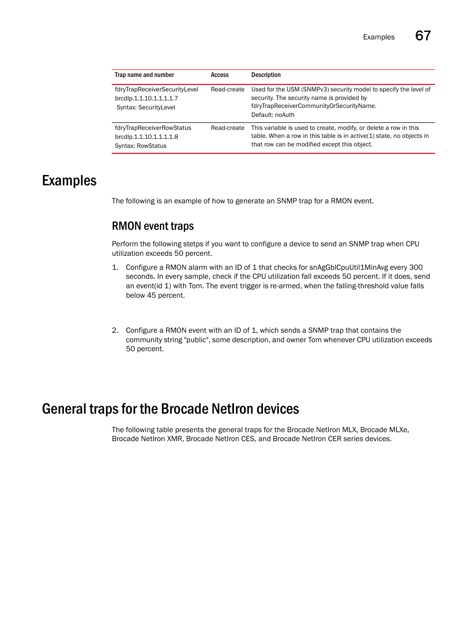 Fdrytrapreceiversecuritylevel, Fdrytrapreceiverrowstatus, Examples | Rmon event traps, General traps for the brocade netiron devices | Brocade Unified IP MIB Reference (Supporting FastIron Releases 07.5.00 and 08.0.10) User Manual | Page 753 / 771