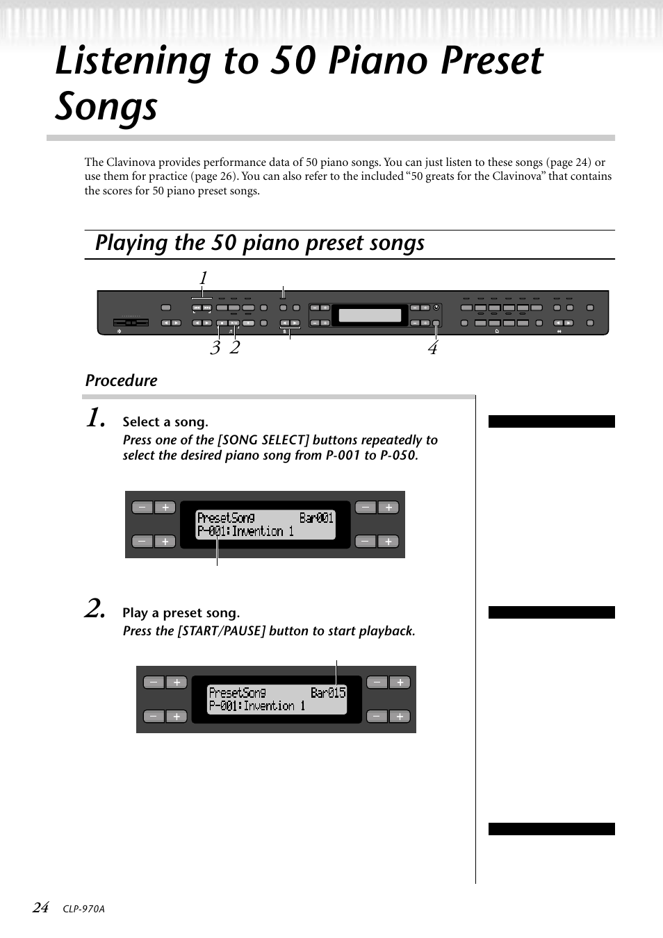 Listening to 50 piano preset songs, Playing the 50 piano preset songs, P24, 39, 53 | Procedure, Metronome [start/stop] tempo [down] [up, Clp-970a, Terminology, The number of measures | Yamaha CLP-970A User Manual | Page 24 / 104