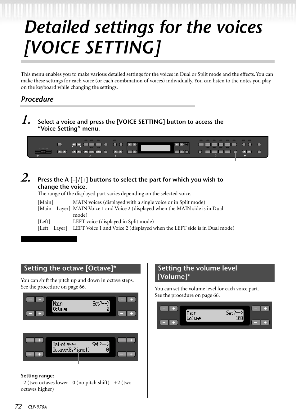 Detailed settings for the voices [voice setting, Setting the octave [octave, Setting the volume level [volume | Procedure, Setting range, Voice setting, Clp-970a, Voice for editing (voice 1 or voice 2) | Yamaha CLP-970A User Manual | Page 72 / 104