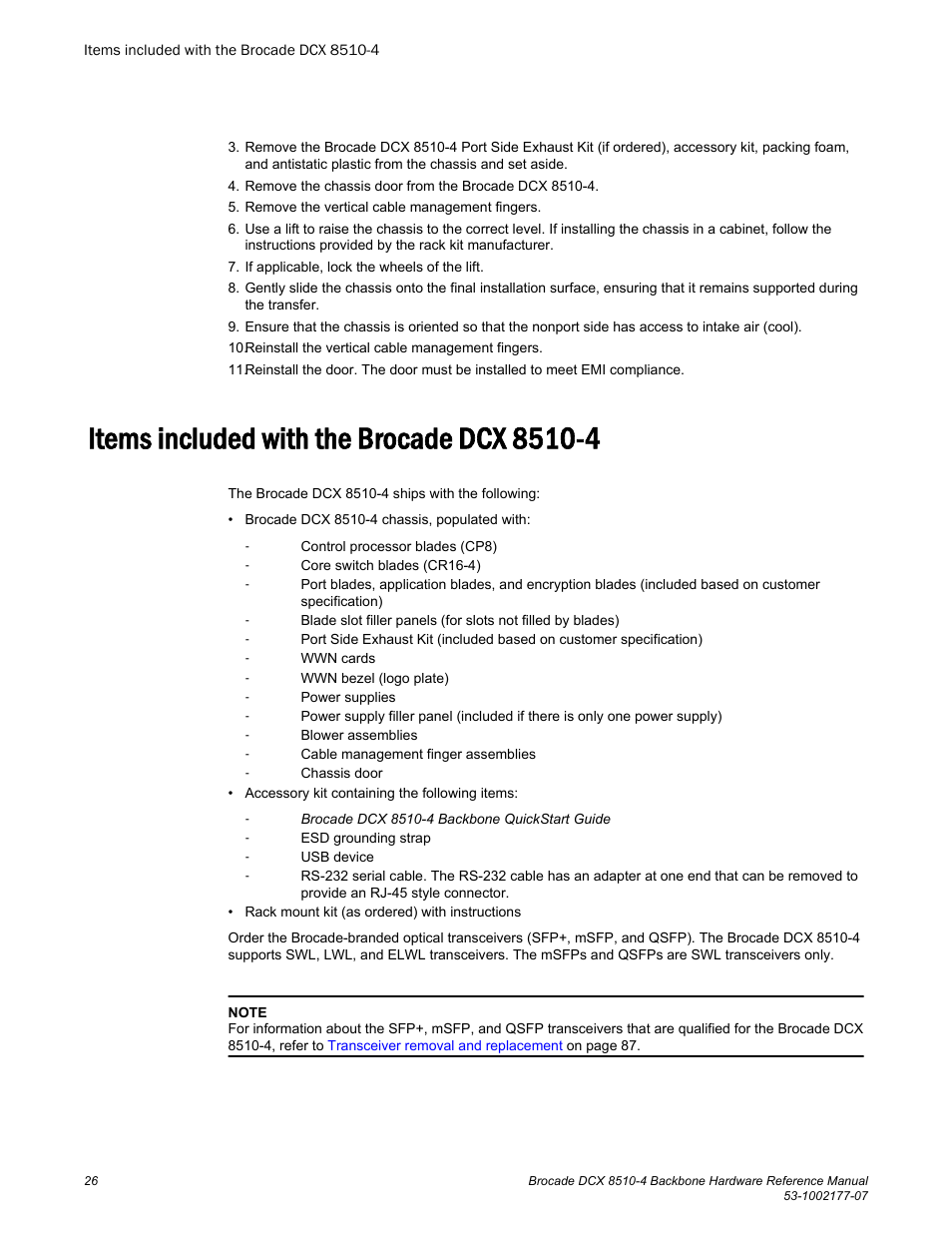 Items included with the brocade dcx 8510-4 | Brocade DCX 8510-4 Backbone Hardware Reference Manual User Manual | Page 26 / 156