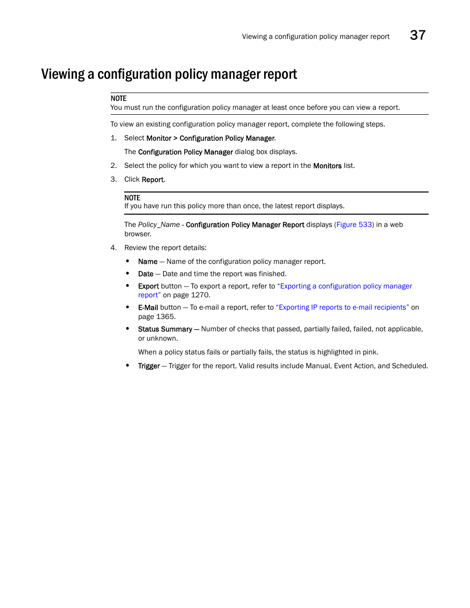 Viewing a configuration policy manager report, Viewing a configuration policy manager report 7, Viewing a configuration policy | Manager report | Brocade Network Advisor IP User Manual v12.3.0 User Manual | Page 1319 / 1928