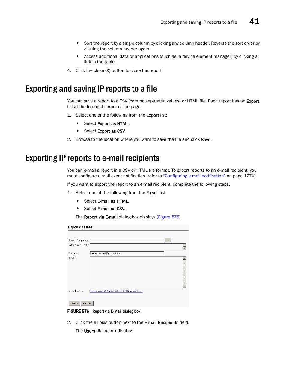 Exporting and saving ip reports to a file, Exporting ip reports to e-mail recipients, Exporting and saving ip reports | To a file, Exporting ip reports to e-mail, Recipients, Exporting and saving ip reports to a file 5, Exporting ip reports to e-mail recipients 5, Exporting, And saving ip reports to a file | Brocade Network Advisor IP User Manual v12.3.0 User Manual | Page 1417 / 1928