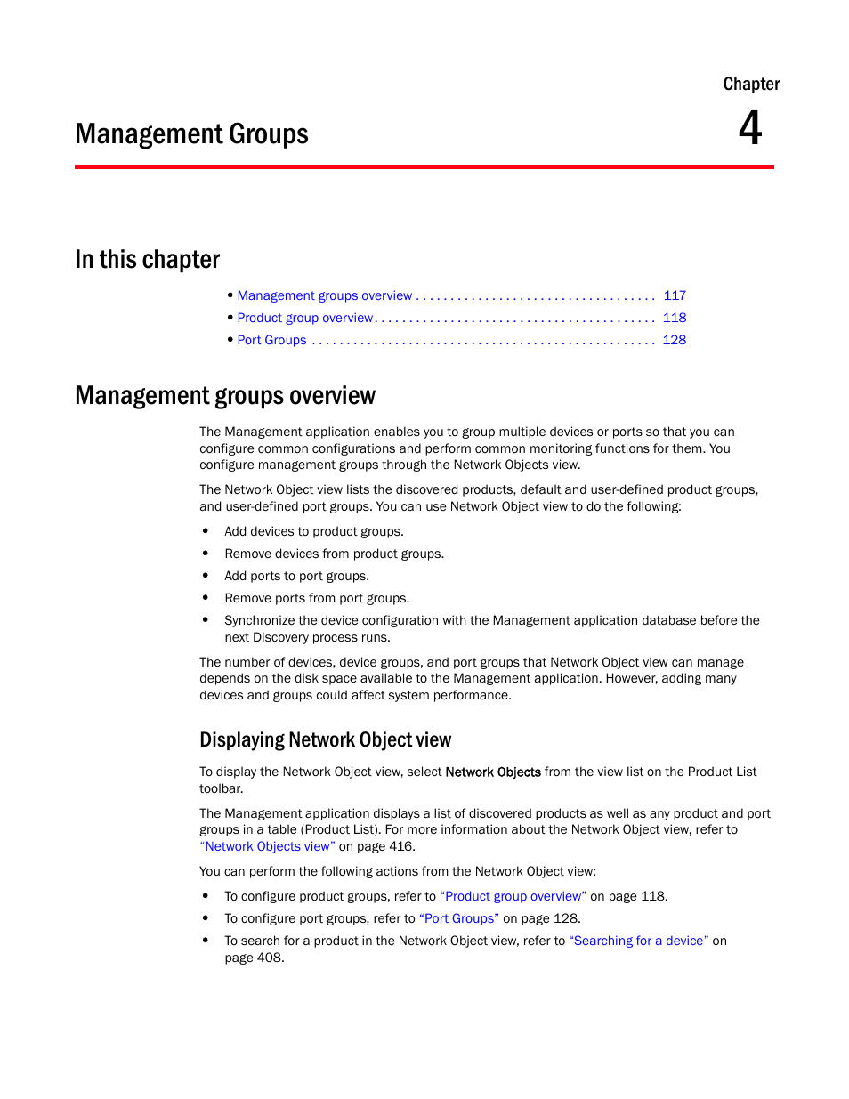 Management groups, Management groups overview, Chapter 4 | Chapter 4, “management groups, Displaying network object view | Brocade Network Advisor IP User Manual v12.3.0 User Manual | Page 171 / 1928