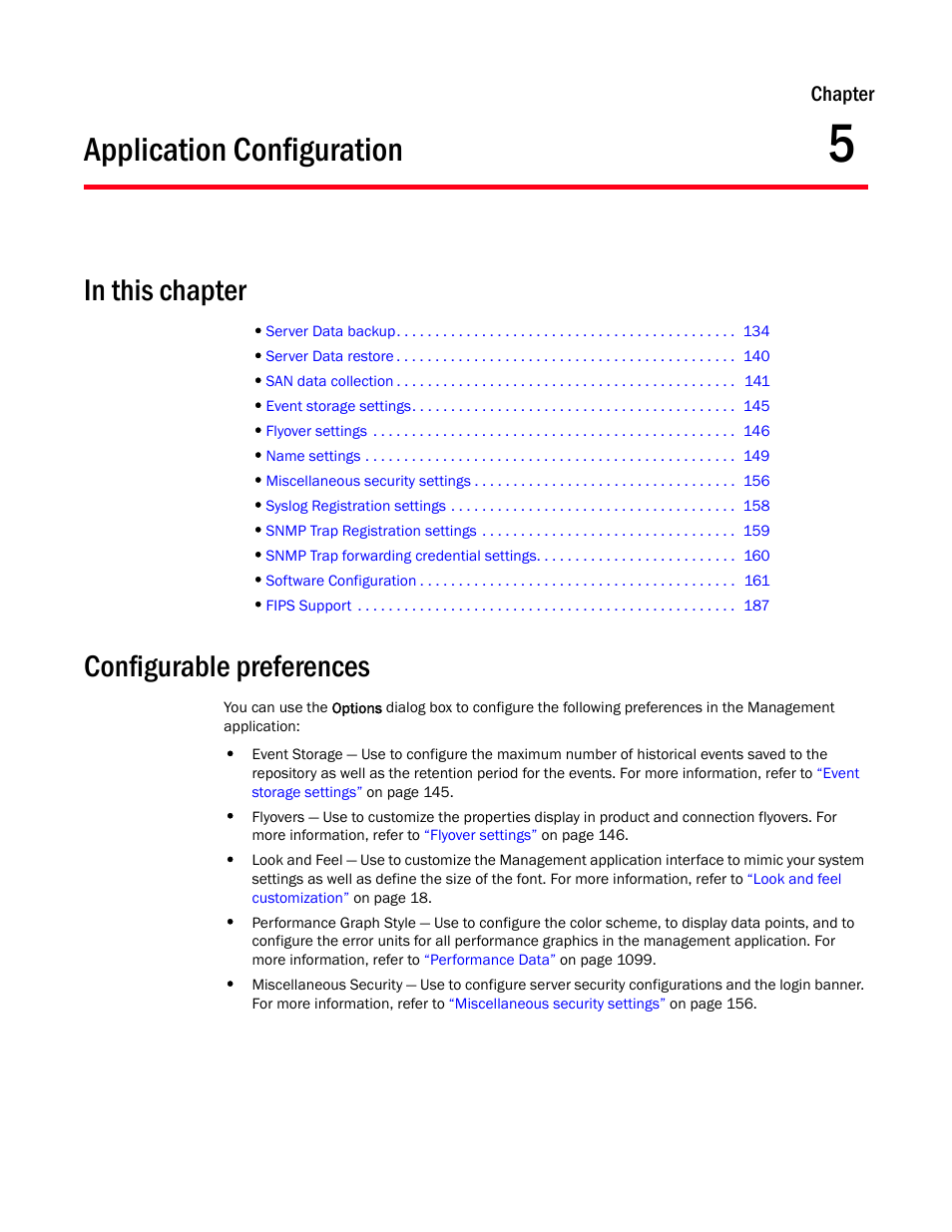 Application configuration, Configurable preferences, Chapter 5 | Chapter 5, “application configuration, Chapter | Brocade Network Advisor IP User Manual v12.3.0 User Manual | Page 187 / 1928