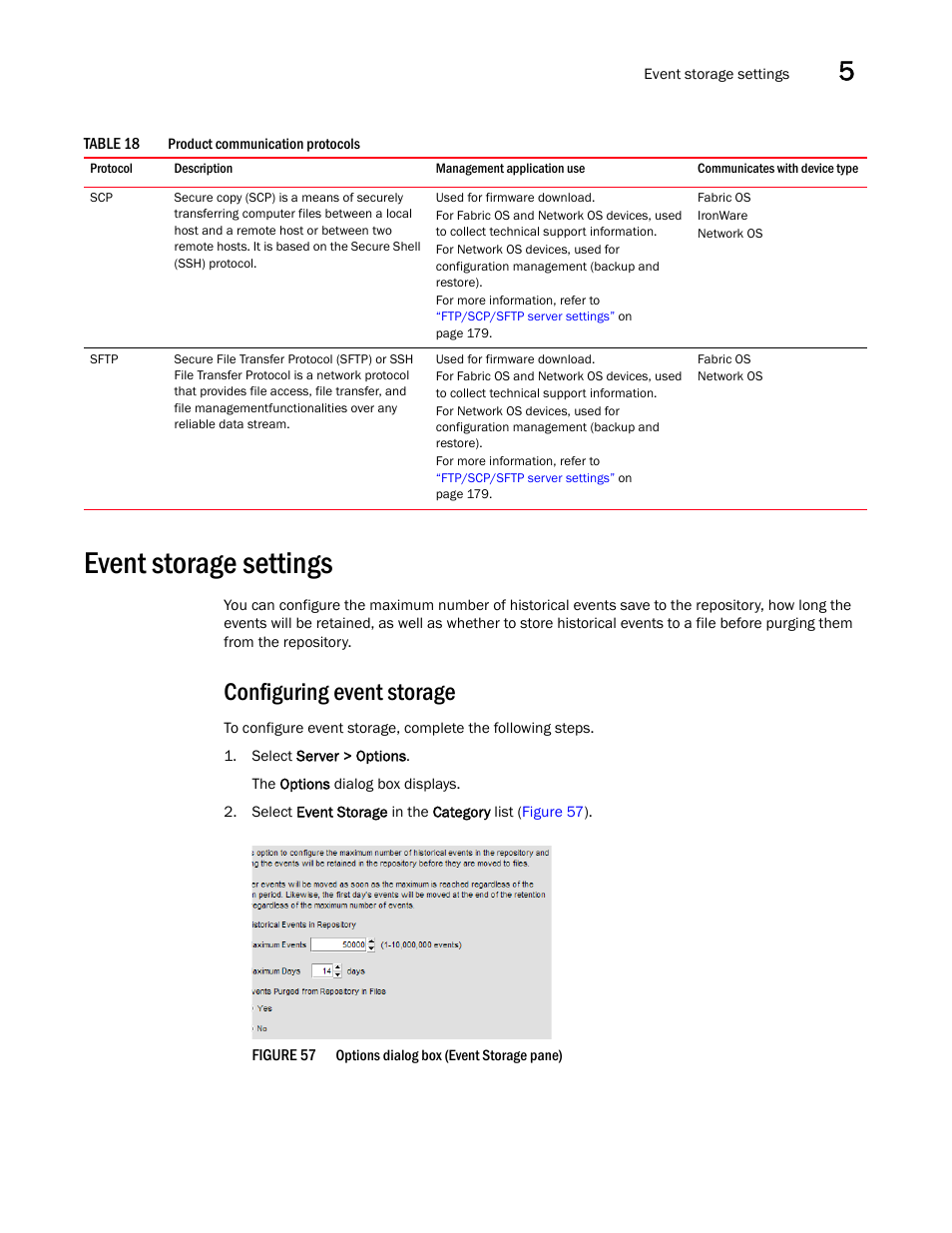 Event storage settings, Event, Storage settings | Configuring event storage | Brocade Network Advisor IP User Manual v12.3.0 User Manual | Page 199 / 1928