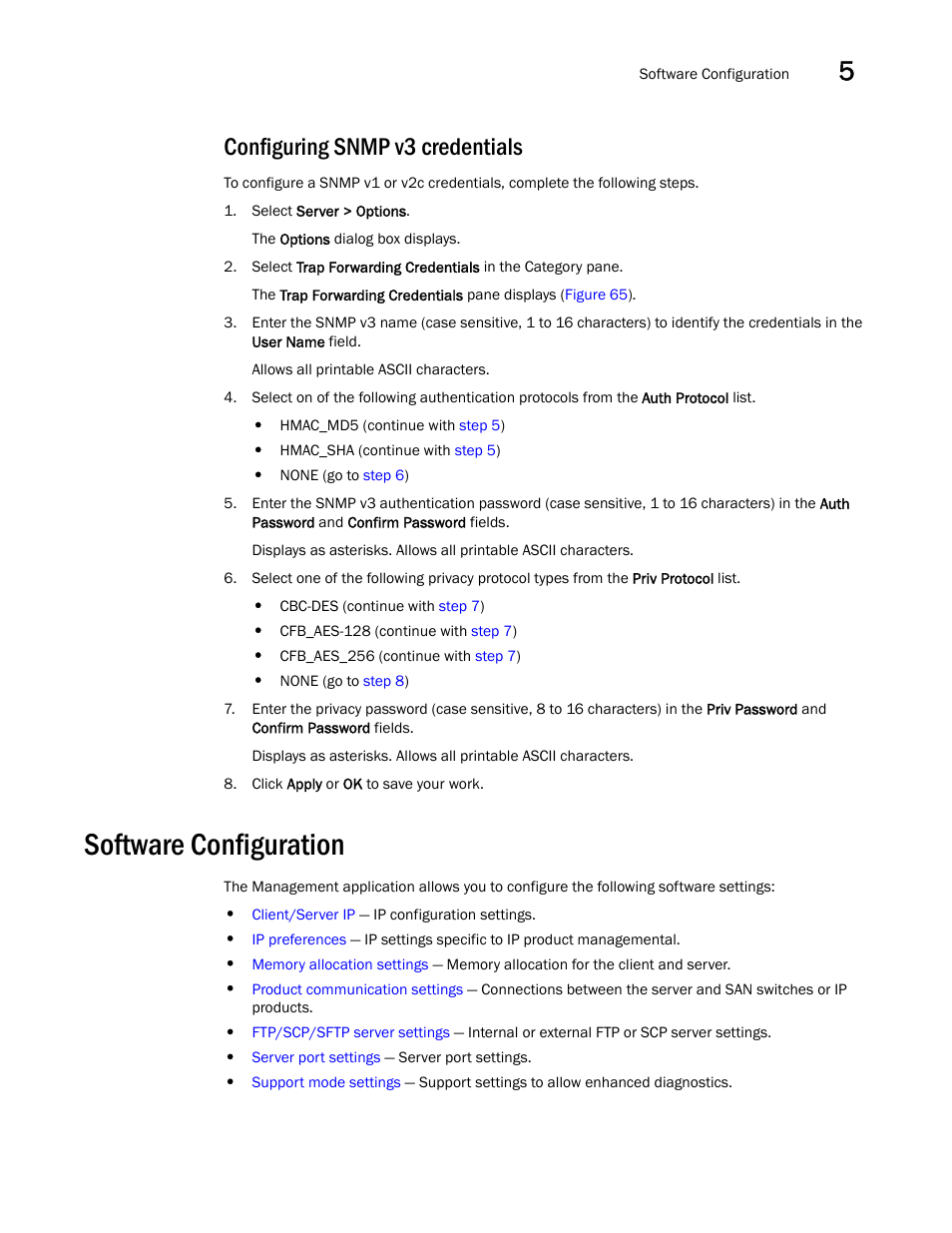 Configuring snmp v3 credentials, Software configuration | Brocade Network Advisor IP User Manual v12.3.0 User Manual | Page 215 / 1928