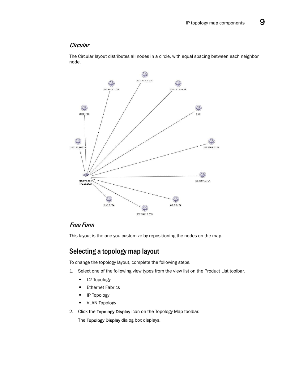 Selecting a topology map layout, Circular, Free form | Brocade Network Advisor IP User Manual v12.3.0 User Manual | Page 481 / 1928