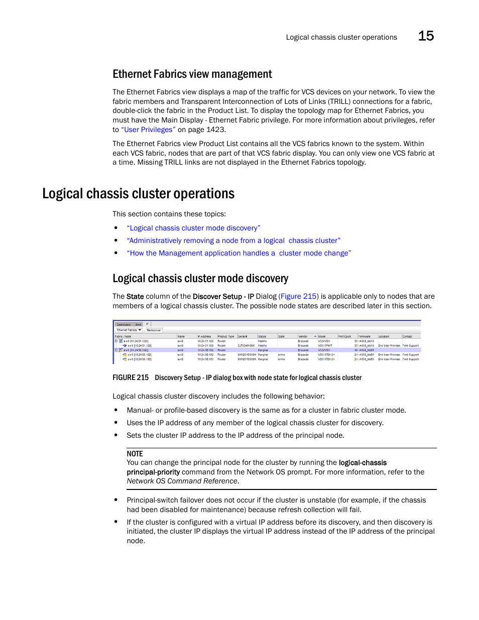 Ethernet fabrics view management, Logical chassis cluster operations, Logical chassis cluster mode discovery | Brocade Network Advisor IP User Manual v12.3.0 User Manual | Page 595 / 1928