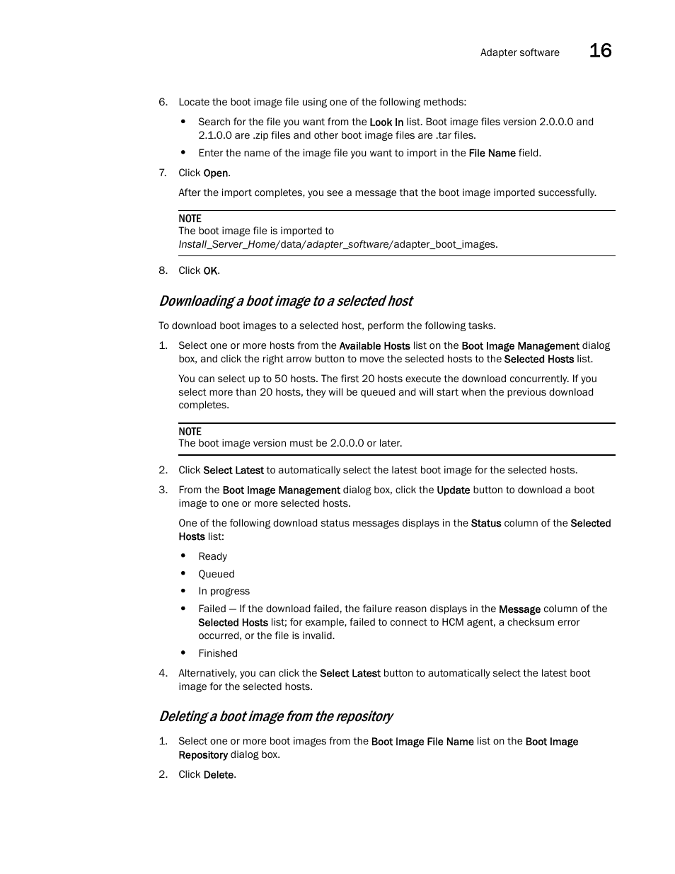 Downloading a boot image to a selected host, Deleting a boot image from the repository | Brocade Network Advisor IP User Manual v12.3.0 User Manual | Page 631 / 1928