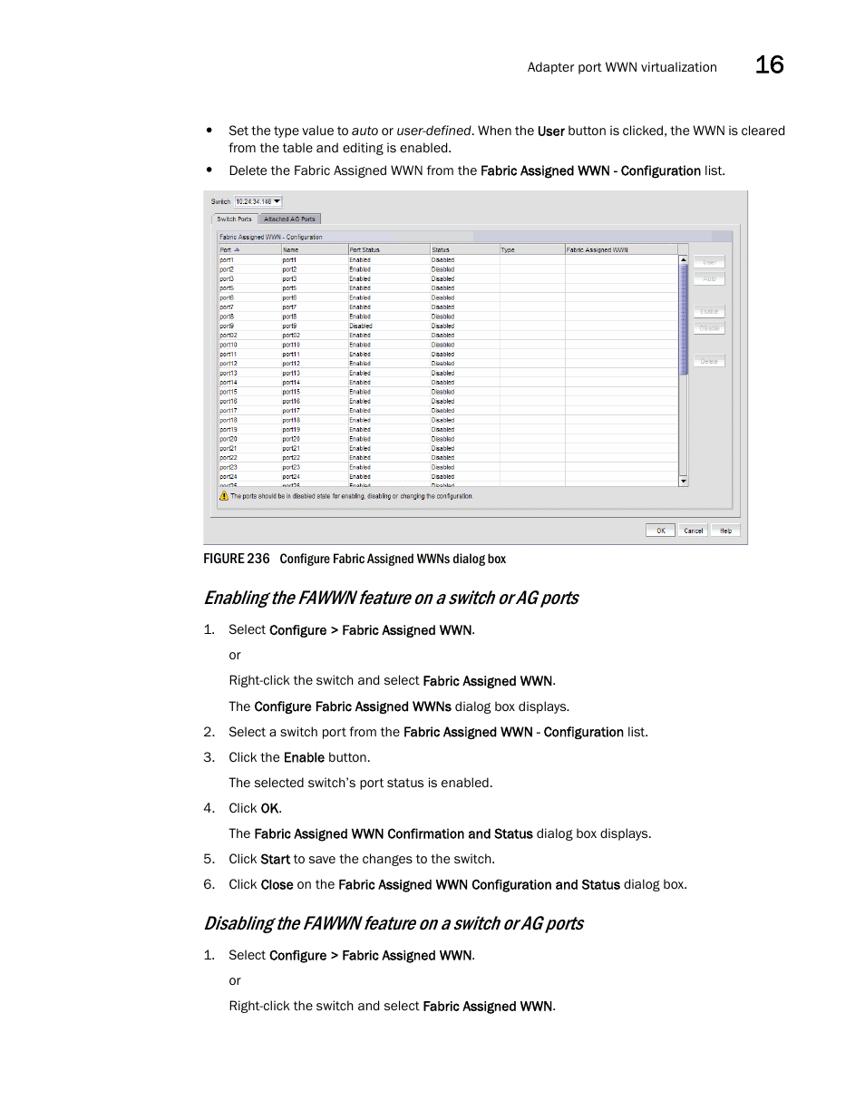 Figure 236, Enables y, Enabling the fawwn feature on a switch or ag ports | Brocade Network Advisor IP User Manual v12.3.0 User Manual | Page 637 / 1928