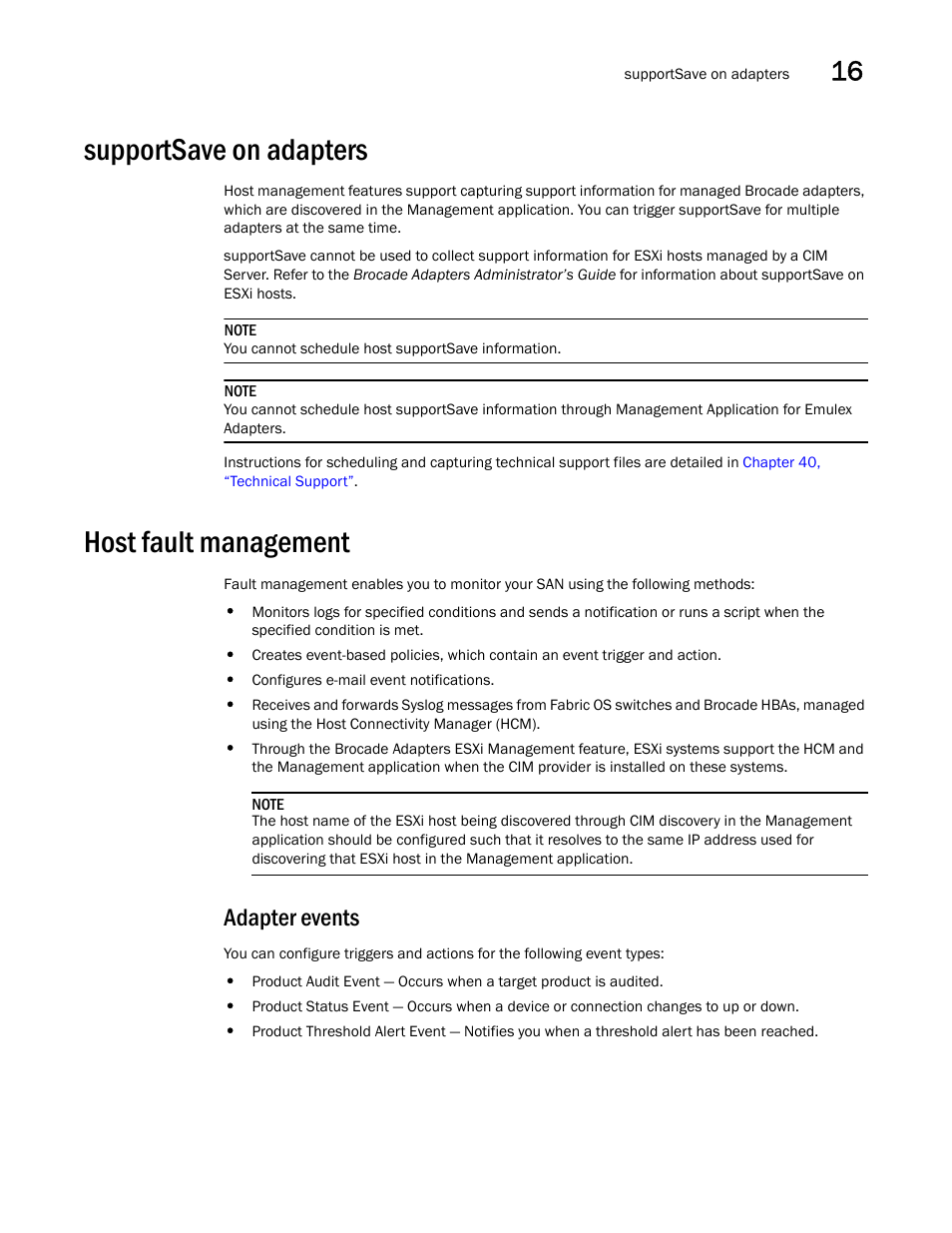 Supportsave on adapters, Host fault management, Adapter events | Brocade Network Advisor IP User Manual v12.3.0 User Manual | Page 645 / 1928