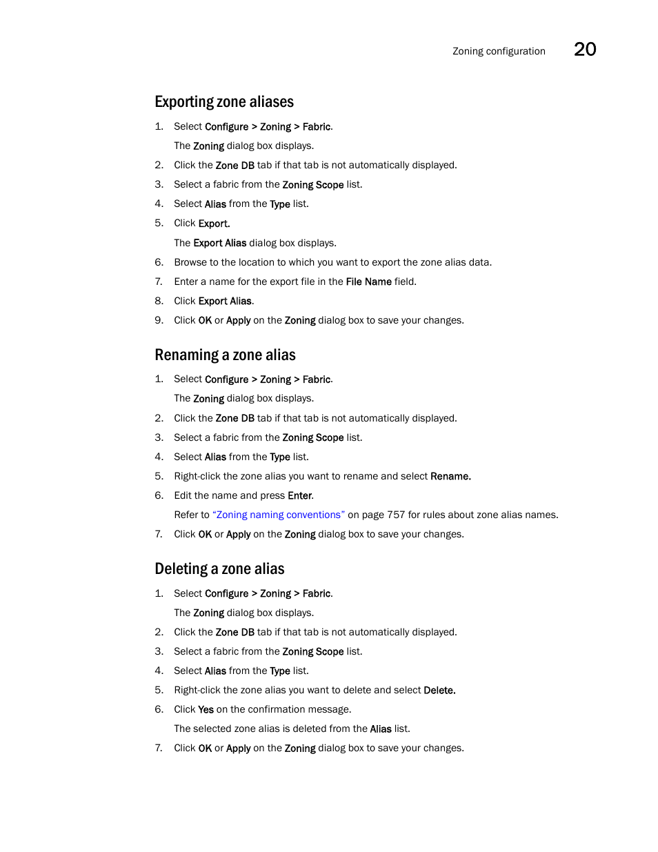 Exporting zone aliases, Renaming a zone alias, Deleting a zone alias | Brocade Network Advisor IP User Manual v12.3.0 User Manual | Page 819 / 1928