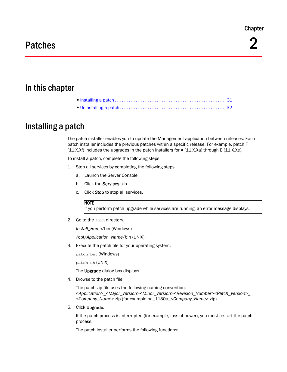 Patches, Installing a patch, Chapter 2 | Chapter 2, “patches, Chapter | Brocade Network Advisor IP User Manual v12.3.0 User Manual | Page 85 / 1928