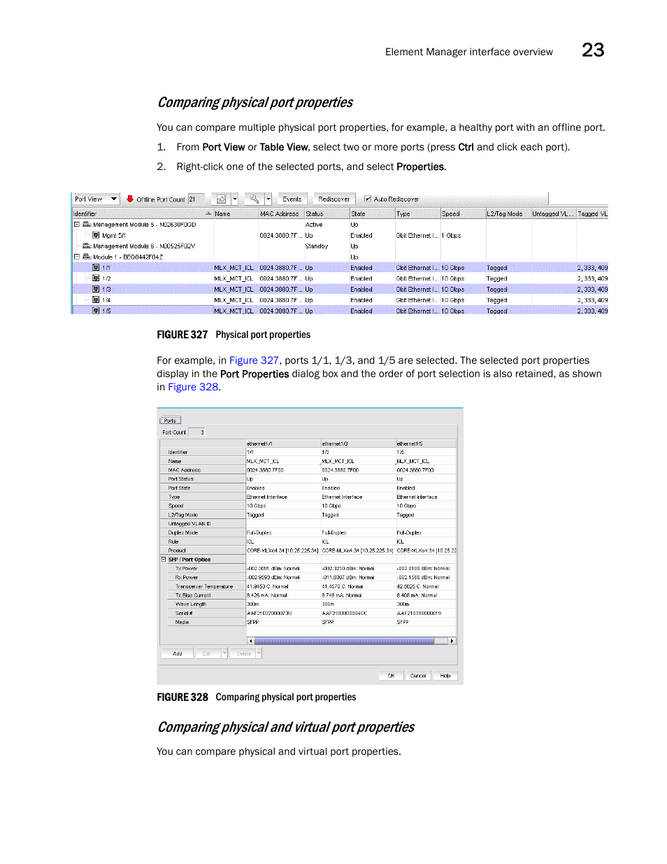 Comparing physical port properties, Comparing physical and virtual port properties | Brocade Network Advisor IP User Manual v12.3.0 User Manual | Page 899 / 1928